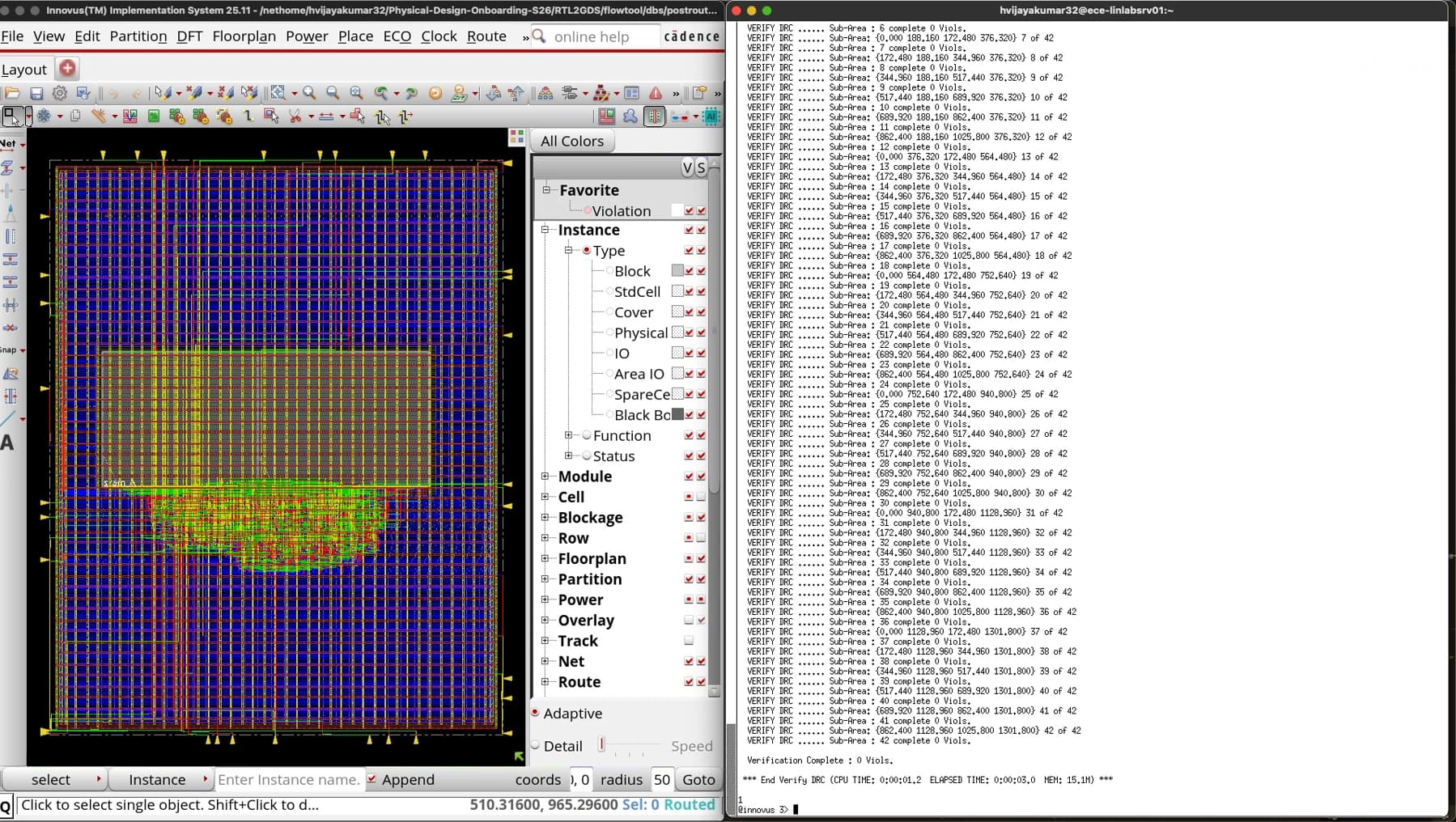 Cadence Innovus physical layout and a completed design-rule check reporting zero violations